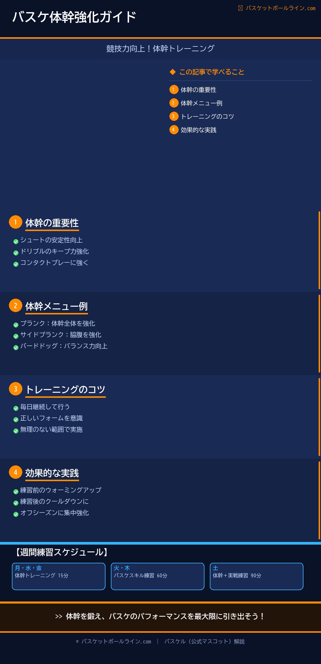 📋 バスケのフィジカル強化：体幹トレーニングで競技力を上げる 練習解説インフォグラフィック