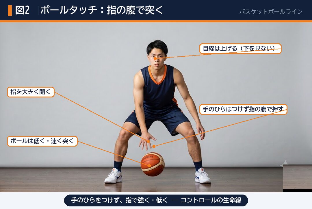 図解②:手のひらをつけず、指の腹で強く・低く突く
