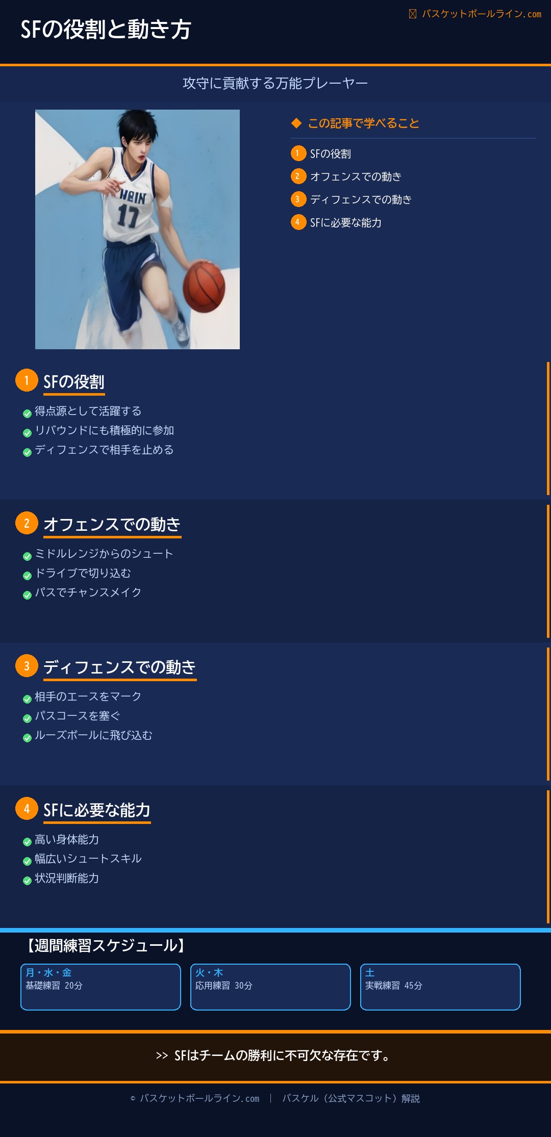 📋 スモールフォワード（SF）の役割｜攻守の万能プレーヤーの動き方 練習解説インフォグラフィック