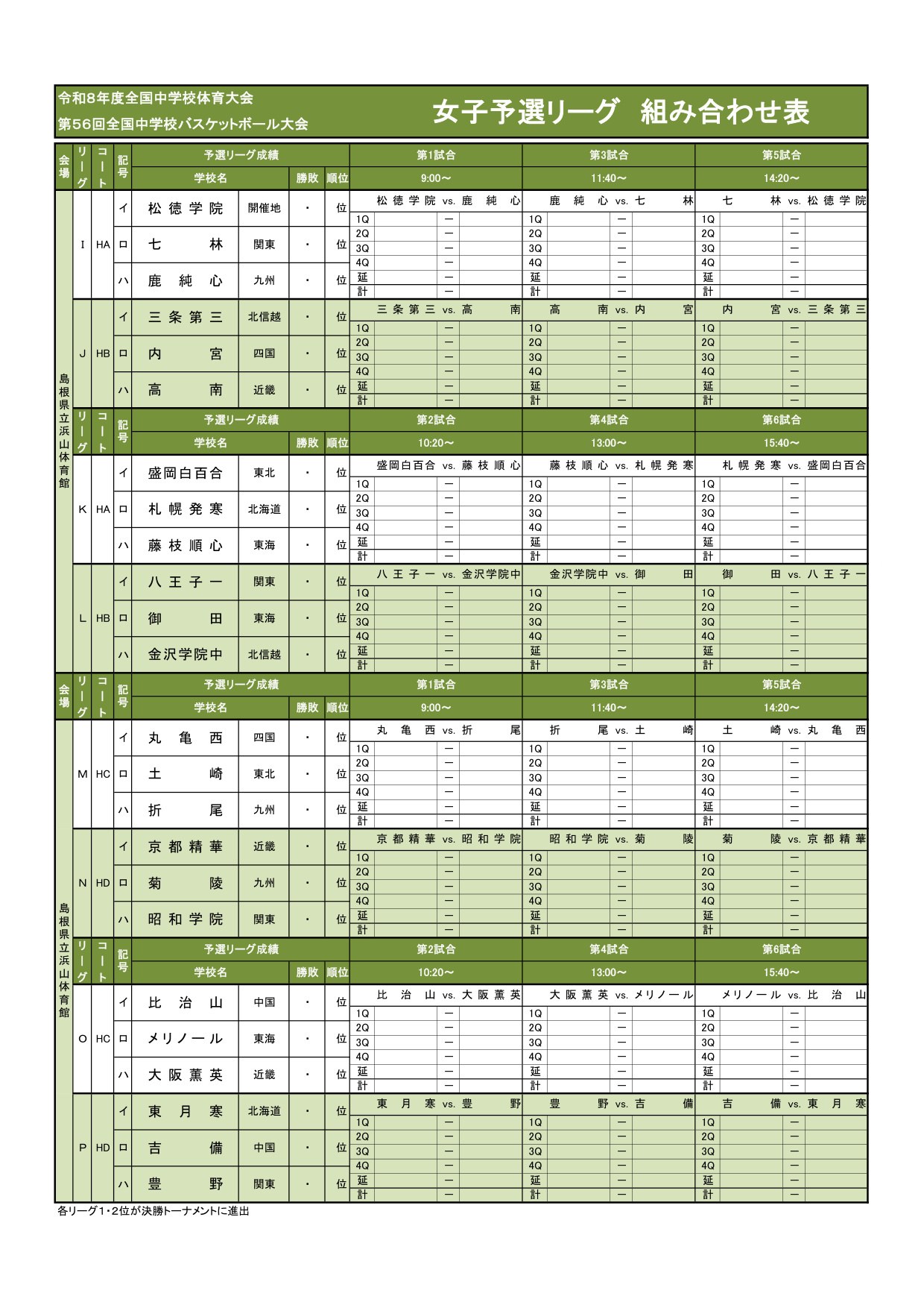 女子 予選リーグ組み合わせ(公式)